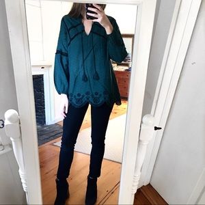 NWT Zara Green and Black Embroidered Long Sleeve Tie Neck Top